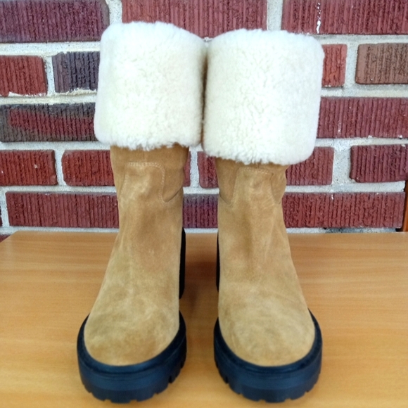 NWT Marc Fisher Ltd. 'Willoe' Shearling Lined Cuffed Ankle Boot in Tan Suede - Picture 2 of 8